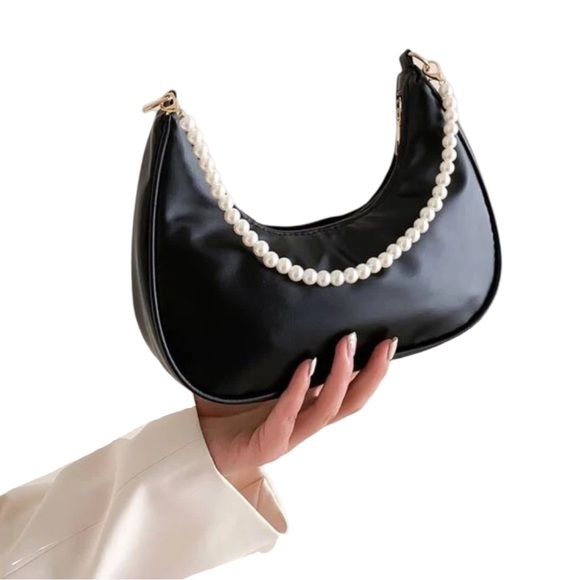 Shiny Black Crescent Moon Faux Leather Shoulder Bag With Pearl Strap | Brand New - Picture 1 of 7